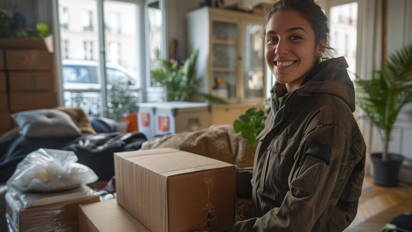 Alt Texte: Aide ménagère professionnelle emballant soigneusement des cartons pour faciliter le déménagement à Paris.